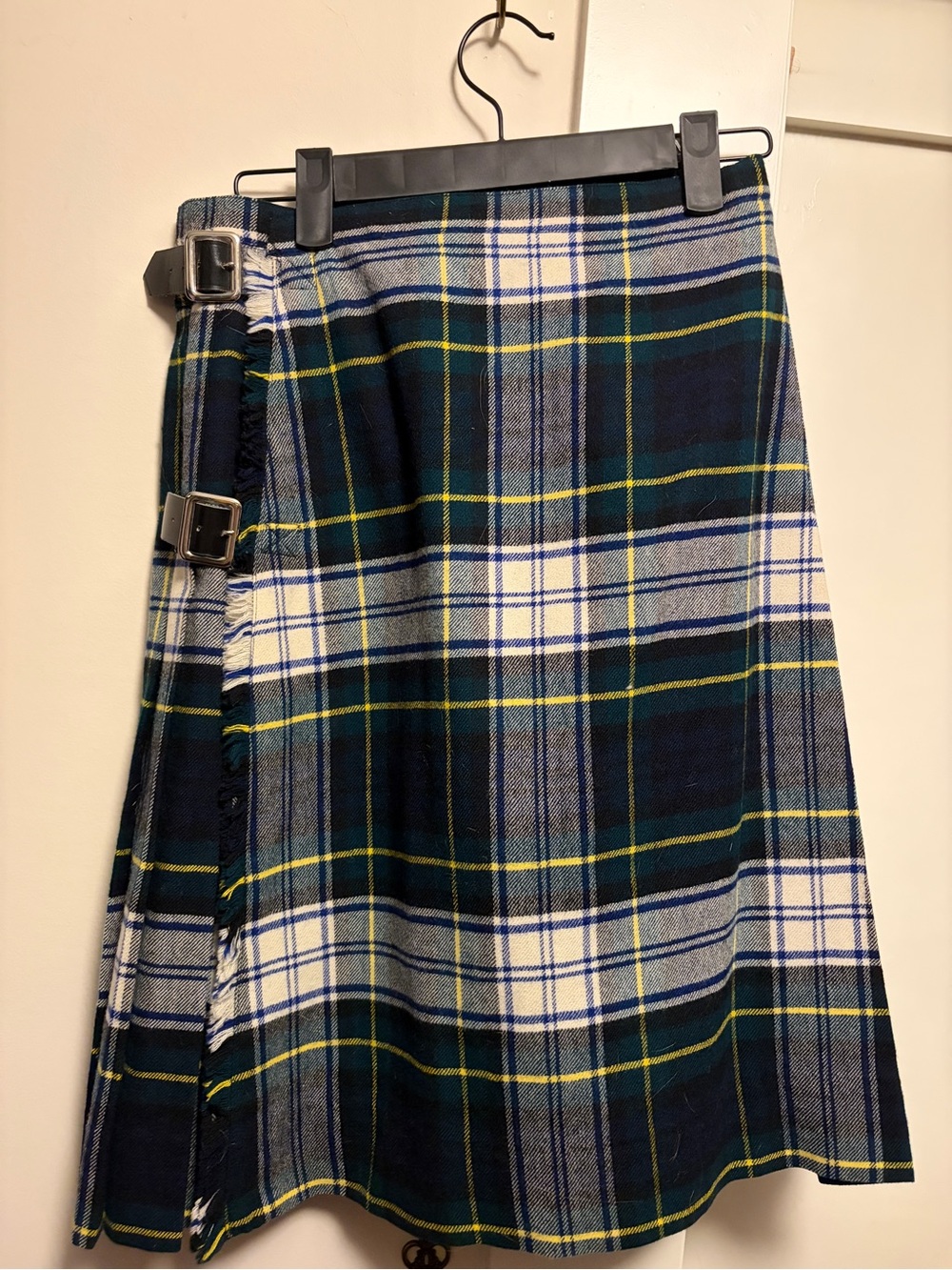 100% Wool TartanWrap Skirt with Buckle Accents - Navy & Green